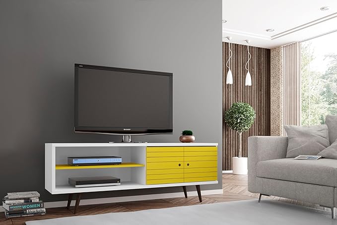 Manhattan Comfort Liberty Mid Century Modern TV Stand for Televisions up to 60 Inches, Bedroom and Living Room Entertainment Center with Storage, Shelves, and Cabinet, 63" Wide, White/Yellow - LeafyLoom