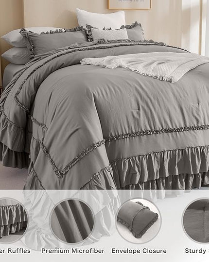 Grey Oversized King Comforter 120x120,Farmhouse Shabby Boho Chic Gray Ruffled California King Comforter Oversized,Vintage French Country Bedding Comforter with Ruffles for All Season - LeafyLoom
