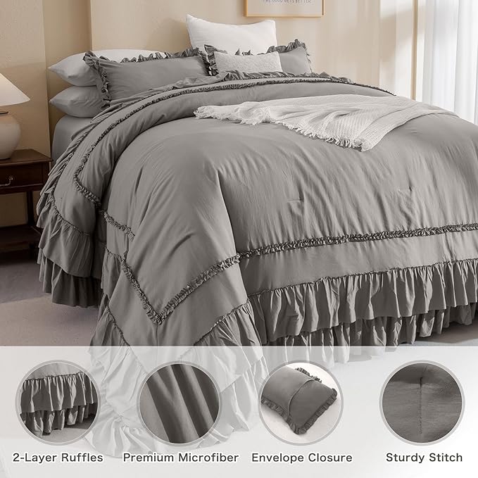 Grey Oversized King Comforter 120x120,Farmhouse Shabby Boho Chic Gray Ruffled California King Comforter Oversized,Vintage French Country Bedding Comforter with Ruffles for All Season - LeafyLoom