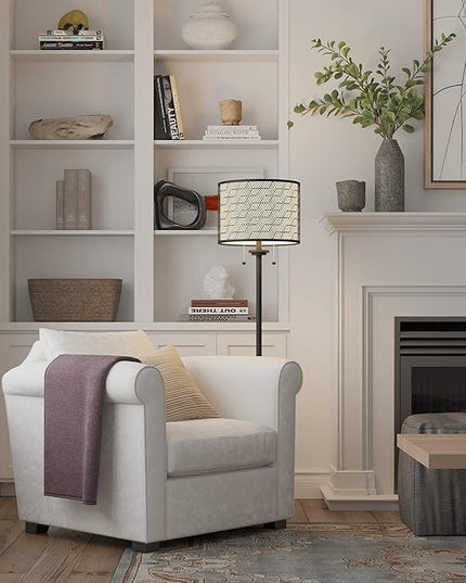 Inlight 59" High Double Shade Pull Chain Modern Floor Lamp for Living Room, Black Metal Frame and White Fabric Shade, Bulb Not Included, IN-0857-2-BK - LeafyLoom