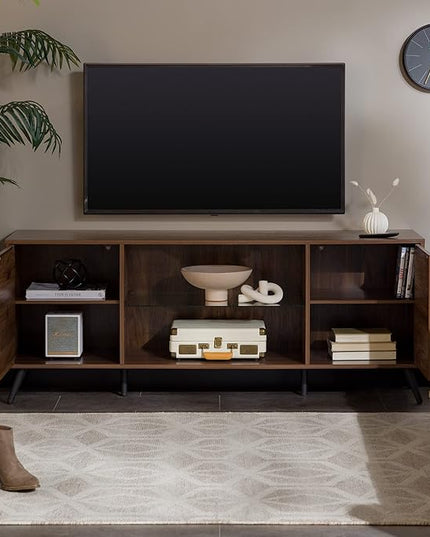 Walker Edison Saxon Mid Century Modern Glass Shelf TV Stand for TVs up to 65 Inches, 60 Inch, Walnut - LeafyLoom