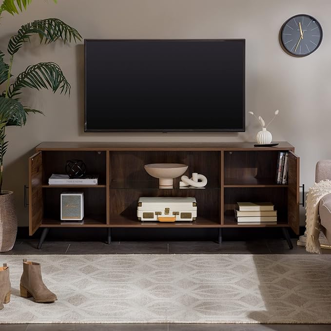 Walker Edison Saxon Mid Century Modern Glass Shelf TV Stand for TVs up to 65 Inches, 60 Inch, Walnut - LeafyLoom