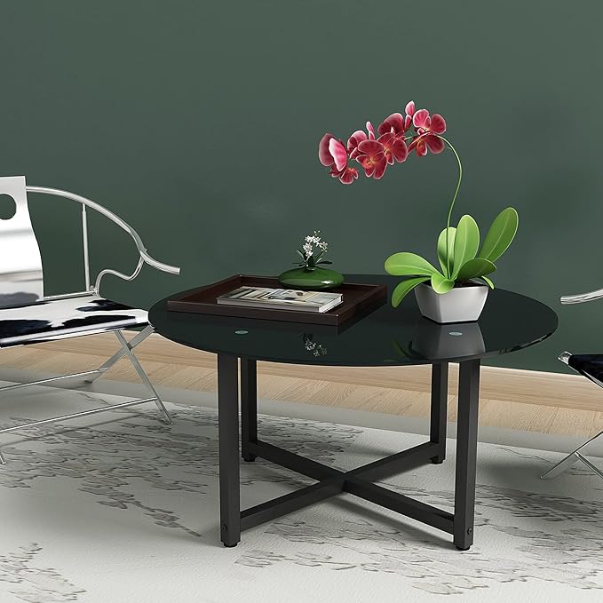 NicBex Coffee Table Modern Tempered Glass Coffee Table with Storage Round Center Tables with Metal Legs Dining Table for Living Room, Dining Room, Office, and Bedroom,35.44" W, Black - LeafyLoom
