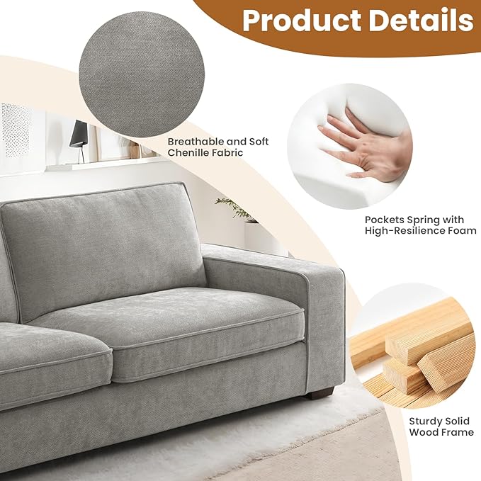 COHOME 88" Loveseat Sofa with Deep Seat, Modern Chenille Love Seat Couch for Living Room with Removable Covers, Upholstered 2-Seater Small Couch for Bedroom, Apartment，Grey - LeafyLoom