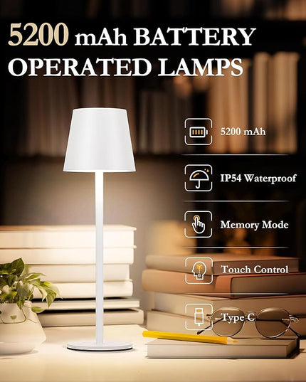 2Pack Cordless Table Lamp, 5200mAh IP54 Waterproof Rechargeable Battery Desk Lamp, 3 Color Stepless Dimming Up, Battery Operated Lamp for Kitchen/Bedside/Outdoor/Restaurant/Camping (White) - LeafyLoom