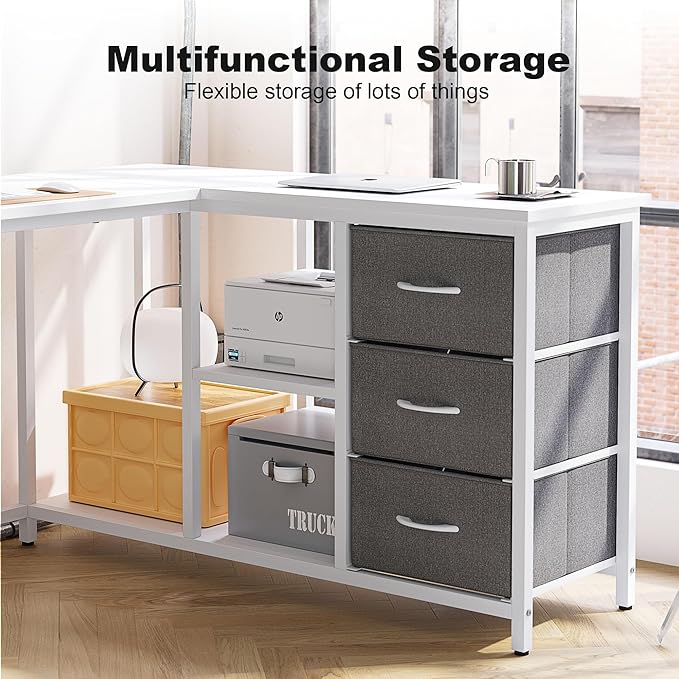 Treesland L Shaped Desk with Drawers, 55 inch Computer Desk with Storage & Shelves, Corner Desk with Storage, Home Office Desks with Drawers, L Shape Desks with Storage, White - LeafyLoom