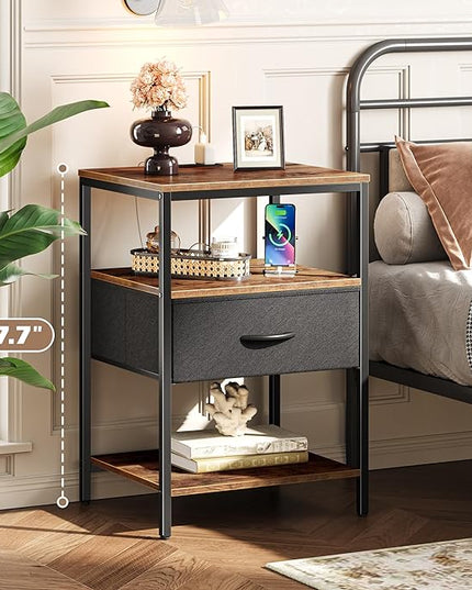 SUPERJARE Night Stand with Charger Station, 27.7 Inch Tall Nightstand with Adjustable Fabric Drawer, Bed Side Table, Fabric Drawer Dresser for Bedroom, Living Room, Rustic Brown and Black - LeafyLoom