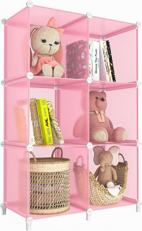 HOMIDEC 6-Cube Storage Shelf, Storage Bookcase Bookshelf with Metal Hammer, Storage Cubes Organizer Cabinet for Kids, Closet, Bedroom, Bathroom, (11.8x11.8x11.8 inch), Light Pink - LeafyLoom