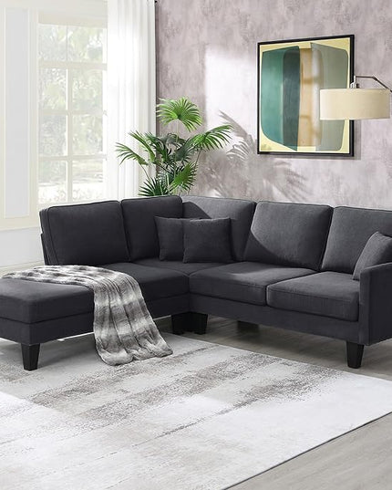90" Modern L-Shape Sectional Sofa with Chaise Lounge,5-Seat Practical Couch Set W/ 3 Pillows,7''Leg Height,Minimalist Style,Indoor Furniture for Living Room Apartment Office,Grey Terrycloth - LeafyLoom