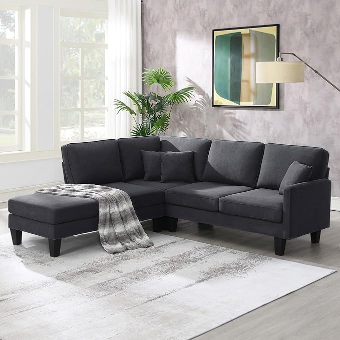 90" Modern L-Shape Sectional Sofa with Chaise Lounge,5-Seat Practical Couch Set W/ 3 Pillows,7''Leg Height,Minimalist Style,Indoor Furniture for Living Room Apartment Office,Grey Terrycloth - LeafyLoom
