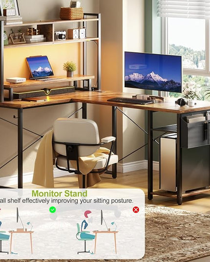 Small L Shaped Gaming Desk with Power Outlets, 48" Reversible L Shaped LED Computer Desk with Monitor Stand & Storage Shelf, Corner Gamer Desk Home Office Desk with Storage Bag, Rustic Brown - LeafyLoom