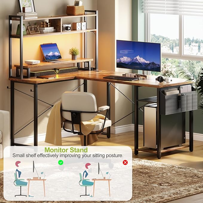 Small L Shaped Gaming Desk with Power Outlets, 48" Reversible L Shaped LED Computer Desk with Monitor Stand & Storage Shelf, Corner Gamer Desk Home Office Desk with Storage Bag, Rustic Brown - LeafyLoom
