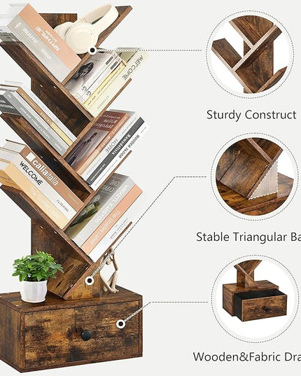 7 Tier Tree Bookshelf with Drawer, Tree Bookcase, Floor Standing Tall Wood Bookshelves for Bedroom, Living Room, Home Office, Rustic Brown - LeafyLoom