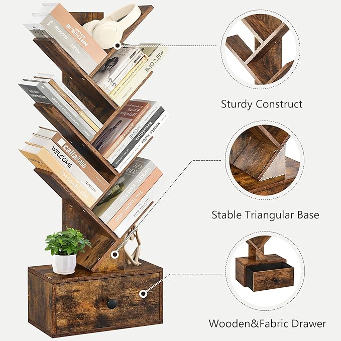 7 Tier Tree Bookshelf with Drawer, Tree Bookcase, Floor Standing Tall Wood Bookshelves for Bedroom, Living Room, Home Office, Rustic Brown - LeafyLoom