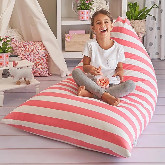 Butterfly Craze Bean Bag Chair Cover, Functional Toddler Toy Organizer, Fill with Stuffed Animals to Create a Jumbo, Comfy Floor Lounger for Boys or Girls, Stuffing Not Included, Light Pink Stripes - LeafyLoom