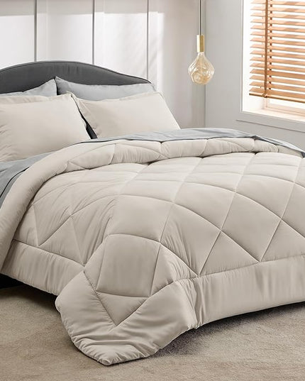 Bedsure Beige Twin Comforter Sets - 5 Pieces Reversible Twin Bedding Sets for College, Beige Extra Long Bed Set Twin with Comforters, Sheets, Pillowcase & Sham - LeafyLoom