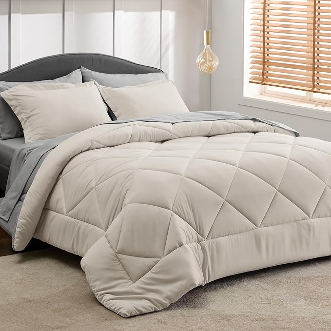 Bedsure Beige Twin Comforter Sets - 5 Pieces Reversible Twin Bedding Sets for College, Beige Extra Long Bed Set Twin with Comforters, Sheets, Pillowcase & Sham - LeafyLoom