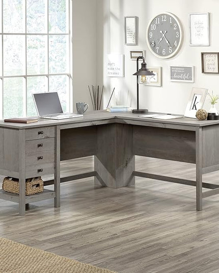 Sauder Cottage Road L-Desk, L: 65.12" x W: 58.66" x H: 29.76", Mystic Oak finish - LeafyLoom