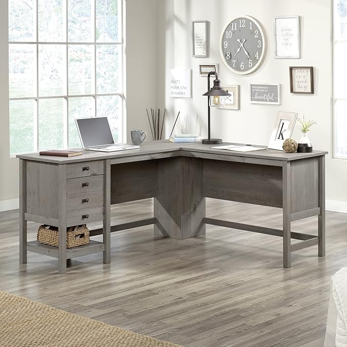 Sauder Cottage Road L-Desk, L: 65.12" x W: 58.66" x H: 29.76", Mystic Oak finish - LeafyLoom