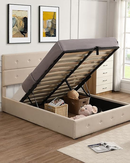 Upholstered Full Size Bed Gas Lift Up Storage Platform Bed Frame with Tufted Headboard Wooden Slat Support & Under Bed Storage, No Box Spring Needed - LeafyLoom