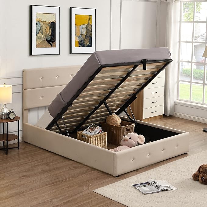 Full Size Upholstered Platform Bed with Underneath Storage, Modern Linen Platform Bedframe with Headboard and Wooden Slat Support,for Kids Adults Living Room Guest Room,Bedroom - LeafyLoom
