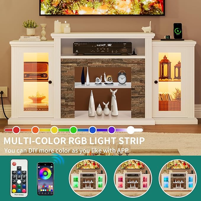 YITAHOME TV Stand for 65 55 Inch TV with LED Light & Power Outlets, 30'' Tall Highboy Entertainment Center TV Cabinets w/Glass Doors, Mid Century Modern TV Media Console Table for Living Room, White - LeafyLoom