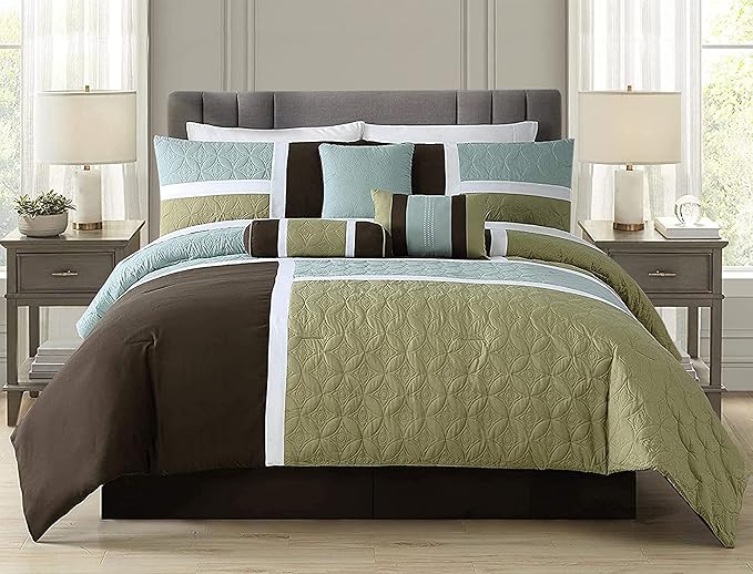 Chezmoi Collection 7-Piece Quilted Patchwork Comforter Set, Coffee Brown/Aqua Blue/Sage Green, Queen - LeafyLoom