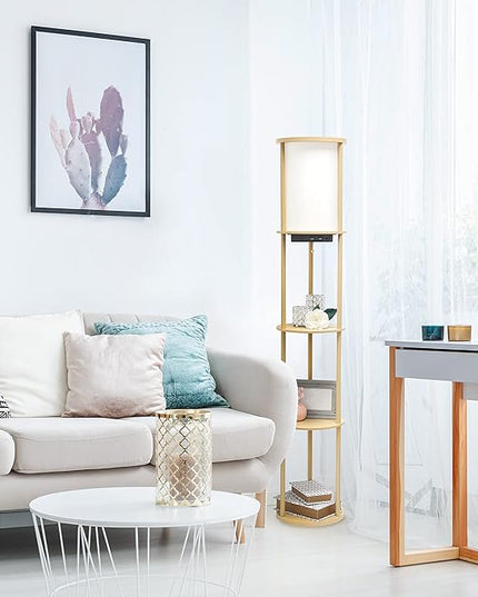 Simple Designs LF2010-TAN 62.5" Round Modern Shelf Etagere Organizer Storage Floor Lamp with 2 USB Charging Ports, 1 Charging Outlet and Linen Shade for Living Room Bedroom Office, Tan - LeafyLoom