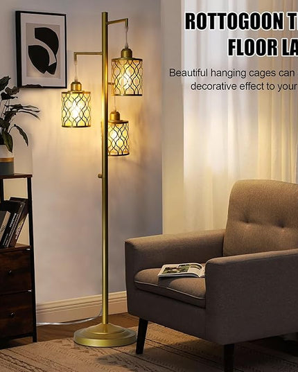 68" Gold Floor Lamp, Dimmable Industrial Floor Lamps for Living Room, 3 Light Rustic Standing Tall Lamp Including 3 PCS 6W E26 Bulbs, Farmhouse Tree Floor Lamp for Bedrooms, Office, Bar - LeafyLoom