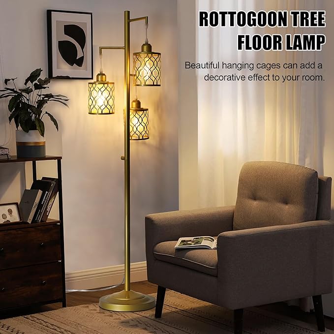 68" Gold Floor Lamp, Dimmable Industrial Floor Lamps for Living Room, 3 Light Rustic Standing Tall Lamp Including 3 PCS 6W E26 Bulbs, Farmhouse Tree Floor Lamp for Bedrooms, Office, Bar - LeafyLoom