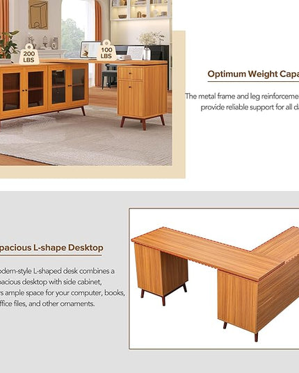 NicBex Laik-DW-00033-DX Desks, 66.53" W x 63.77" D x 30.31" H, Teak - LeafyLoom
