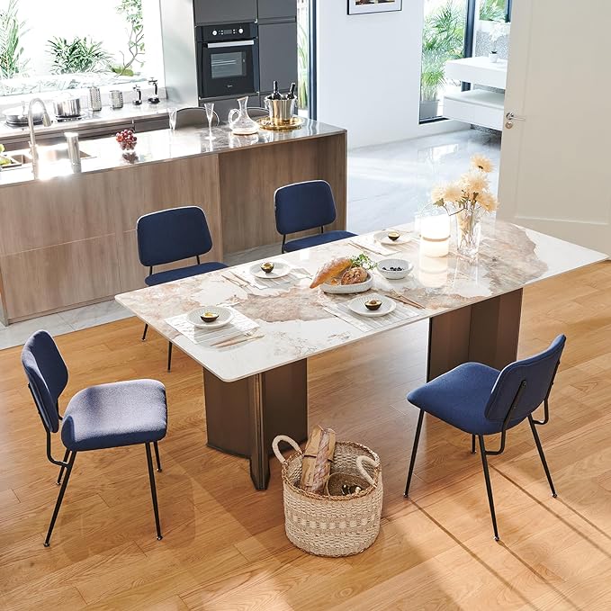 COLAMY Modern Upholstered Fabric Dining Room Accent Diner Stylish Kitchen Chairs with Solid Metal Legs, set of 6, Blue - LeafyLoom