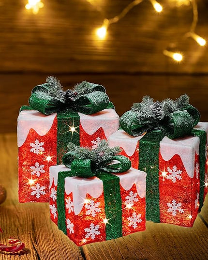 [Ultra-Large 16"x14"x11.5" Christmas Set of 3 Lighted Gift Boxes Decorations Pre-lit 91 Super-Bright LED with Flashers,for Indoor Outdoor Pathway Holiday Party Home(Warm White) GLOWNOVA