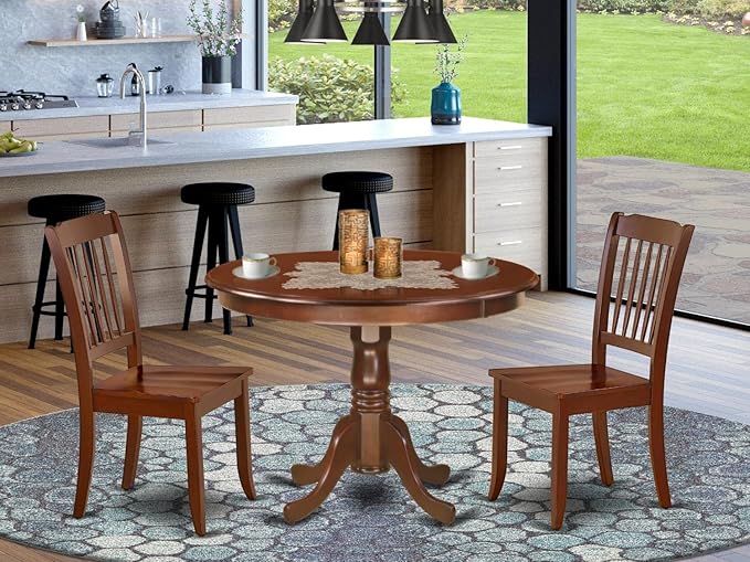 East West Furniture HLDA3-MAH-W 3 Piece Kitchen Table Set for Small Spaces Contains a Round Dining Room Table with Pedestal and 2 Dining Chairs, 42x42 Inch, Mahogany - LeafyLoom