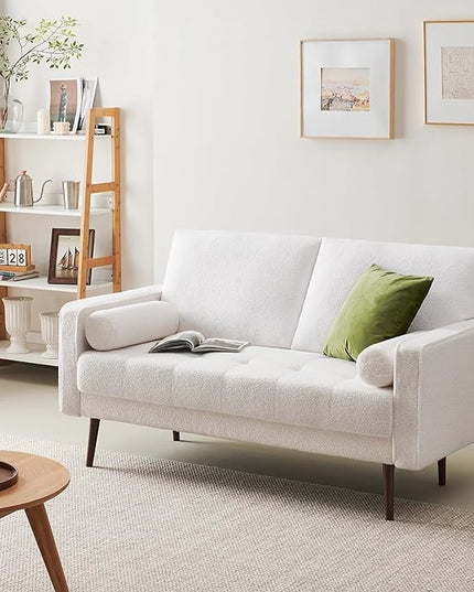 Vonanda 56" Loveseat Small Couch, Mid-Century 2 Seater Sofa velvet boucle Couch with Hand-Stitched Comfort Cushion and Bolster Pillows for Living Room, Loveseat Boucle White - LeafyLoom