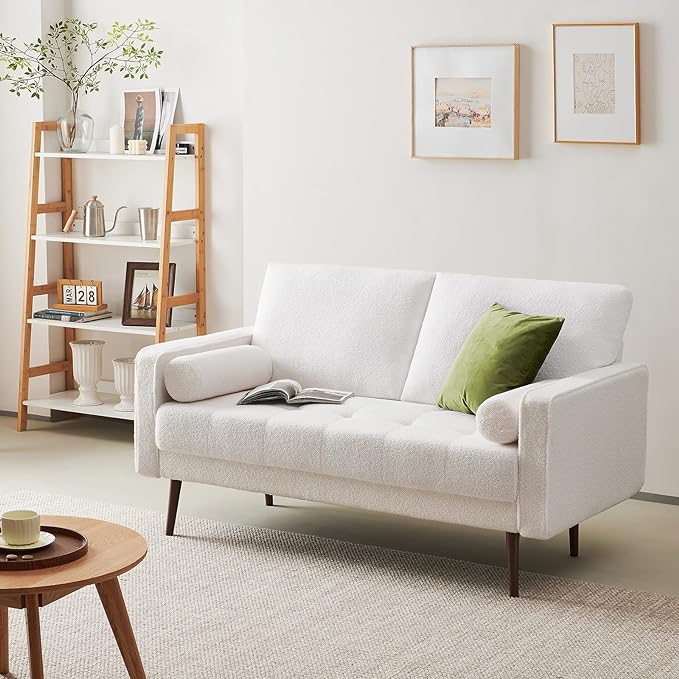 Vonanda 56" Loveseat Small Couch, Mid-Century 2 Seater Sofa velvet boucle Couch with Hand-Stitched Comfort Cushion and Bolster Pillows for Living Room, Loveseat Boucle White - LeafyLoom