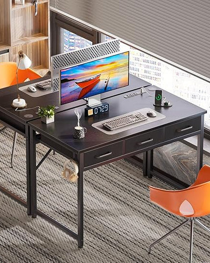 AODK 40 Inch Small Computer Desk with 3 Fabric Drawers, Office Desk with USB/Type-C Charging Ports & Power Outlets, Vanity Desk with Iron Hook for Bedroom, Study/Writing/Work Table for Bedroom, Black - LeafyLoom