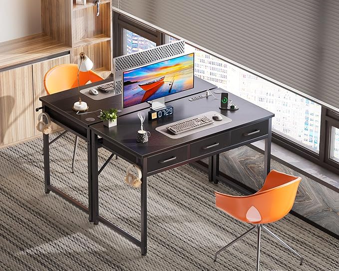 AODK 40 Inch Small Computer Desk with 3 Fabric Drawers, Office Desk with USB/Type-C Charging Ports & Power Outlets, Vanity Desk with Iron Hook for Bedroom, Study/Writing/Work Table for Bedroom, Black - LeafyLoom