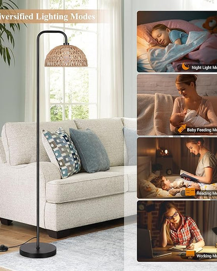 PARTPHONER Rattan Floor Lamp, 68'Standing Lamp for Living Room with 3 Color Temperatures Adjustable Tall Reading Lamp for Bedroom Office, Bulb Include - LeafyLoom