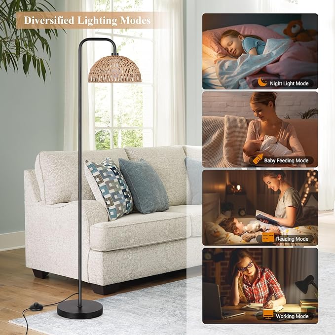 PARTPHONER Rattan Floor Lamp, 68'Standing Lamp for Living Room with 3 Color Temperatures Adjustable Tall Reading Lamp for Bedroom Office, Bulb Include - LeafyLoom