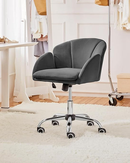 Yaheetech Cute Velvet Desk Chair for Home Office, Makeup Vanity Chair with Armrests for Bedroom Modern Swivel Rolling Chair for Women Dark Gray - LeafyLoom