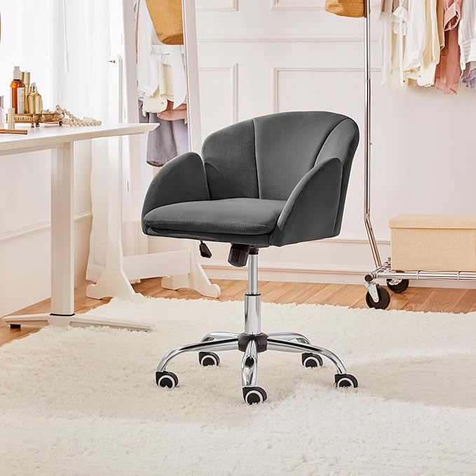Yaheetech Cute Velvet Desk Chair for Home Office, Makeup Vanity Chair with Armrests for Bedroom Modern Swivel Rolling Chair for Women Dark Gray - LeafyLoom