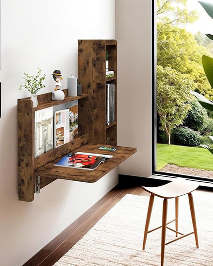 Pmnianhua Farmhouse Floating Desk,41''Wall Mounted Desk,L Shaped Folding Table,Fold Down Laptop Computer Table with Storage for Wall Bedroom Small Space (Rustic Brown-Right) - LeafyLoom