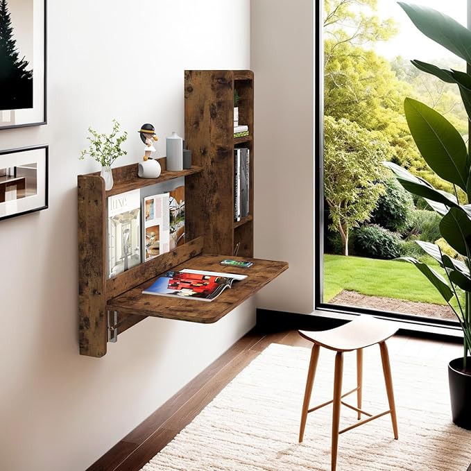 Pmnianhua Farmhouse Floating Desk,41''Wall Mounted Desk,L Shaped Folding Table,Fold Down Laptop Computer Table with Storage for Wall Bedroom Small Space (Rustic Brown-Right) - LeafyLoom