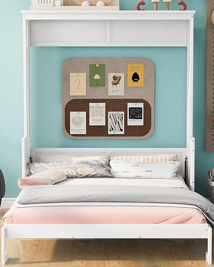 Queen Size Murphy Bed with Shelf, Queen Wall Bed Storage Bed for Guestroom, Office, Space-Saving Design Murphy Bed Frame, No Spring Box Needed, White - LeafyLoom