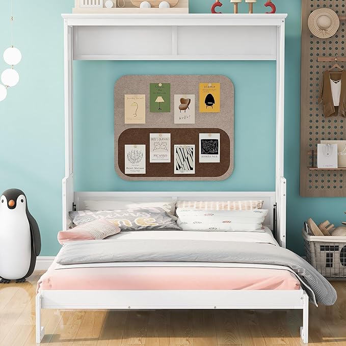 Queen Size Murphy Bed with Shelf, Queen Wall Bed Storage Bed for Guestroom, Office, Space-Saving Design Murphy Bed Frame, No Spring Box Needed, White - LeafyLoom