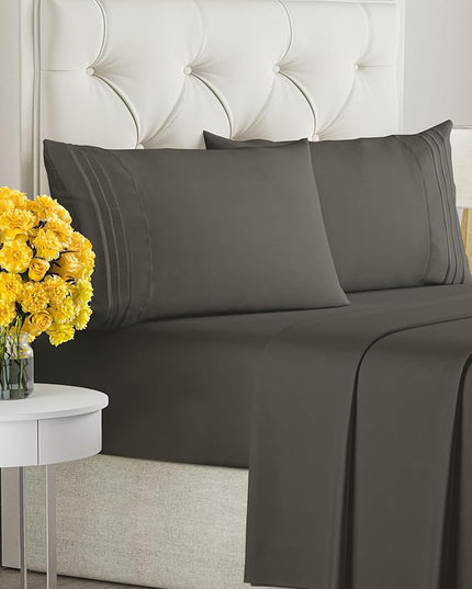 Cal King Size 4 Piece Sheet Set - Comfy Breathable & Cooling Sheets - Hotel Luxury Bed Sheets for Women & Men - Deep Pockets, Easy-Fit, Soft & Wrinkle Free Sheets - Charcoal Oeko-Tex Bed Sheet Set - LeafyLoom