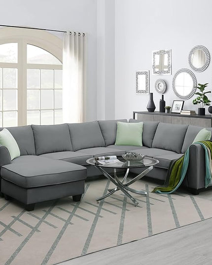 112" 7 Seats Sectional Solid Wood Sofa Sets with Ottoman,L Shape Upholstered Fabric Couch w/ 3 Pillows,for Living, Apartment,Huse or Conference Room,Grey - LeafyLoom