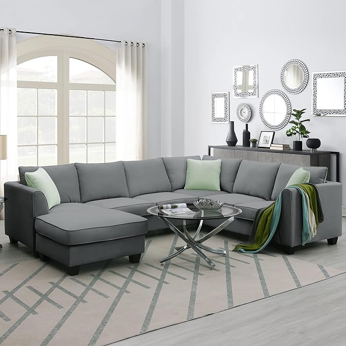112" 7 Seats Sectional Solid Wood Sofa Sets with Ottoman,L Shape Upholstered Fabric Couch w/ 3 Pillows,for Living, Apartment,Huse or Conference Room,Grey - LeafyLoom