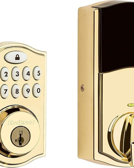 Kwikset 914 Traditional Keypad SmartCode Electronic Deadbolt Smart Lock featuring SmartKey Security and ZigBee 3.0 Technology in Polished Brass Kwikset